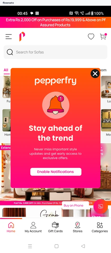 Pepperfry: Notification opt-in prompt